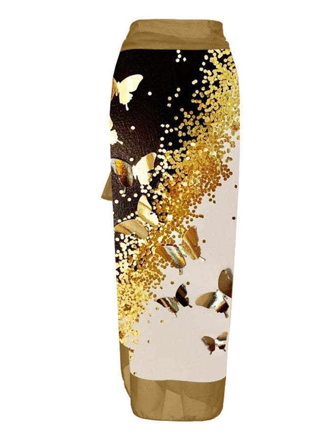 V-Neck Colorblock Butterfly Print One-Piece Swimsuit Set