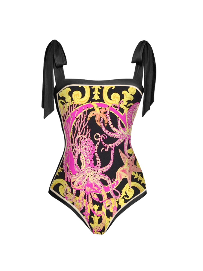 Fashion Print Lace Up One Piece Swimsuit