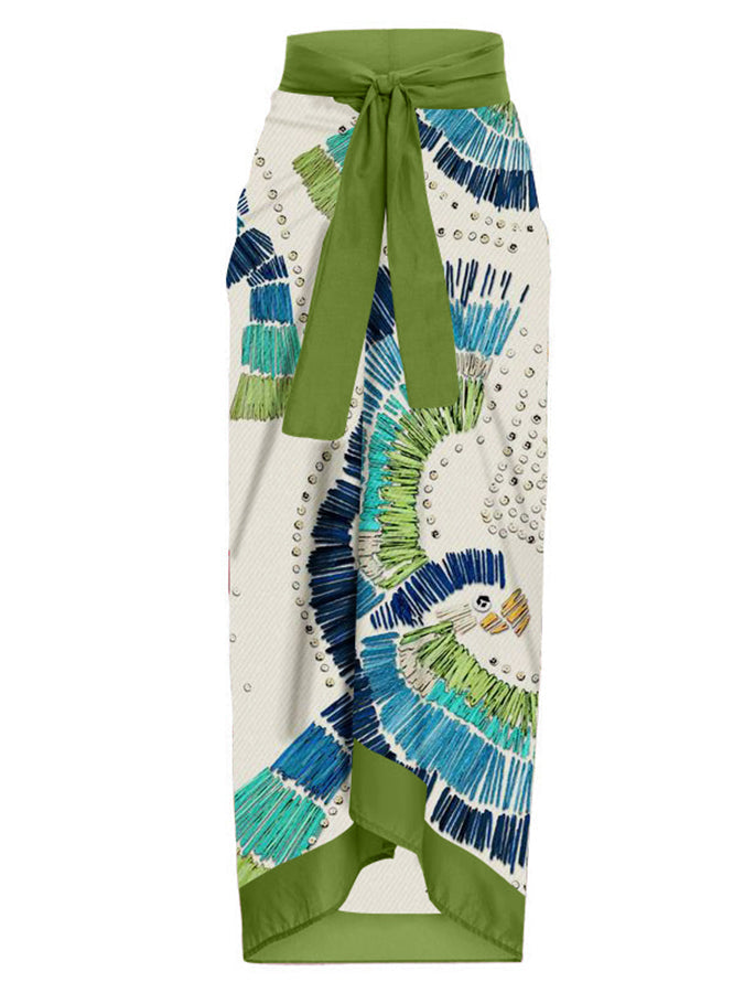 V-Neck Ruffled Vintage Embroidered Print Swimsuit Set