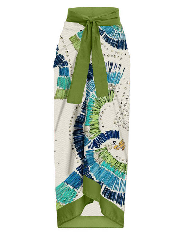 V-Neck Ruffled Vintage Embroidered Print Swimsuit Set