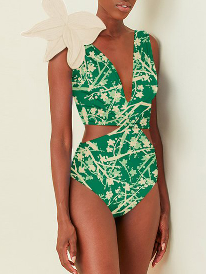 Deep V Floral Print One Piece Swimsuit