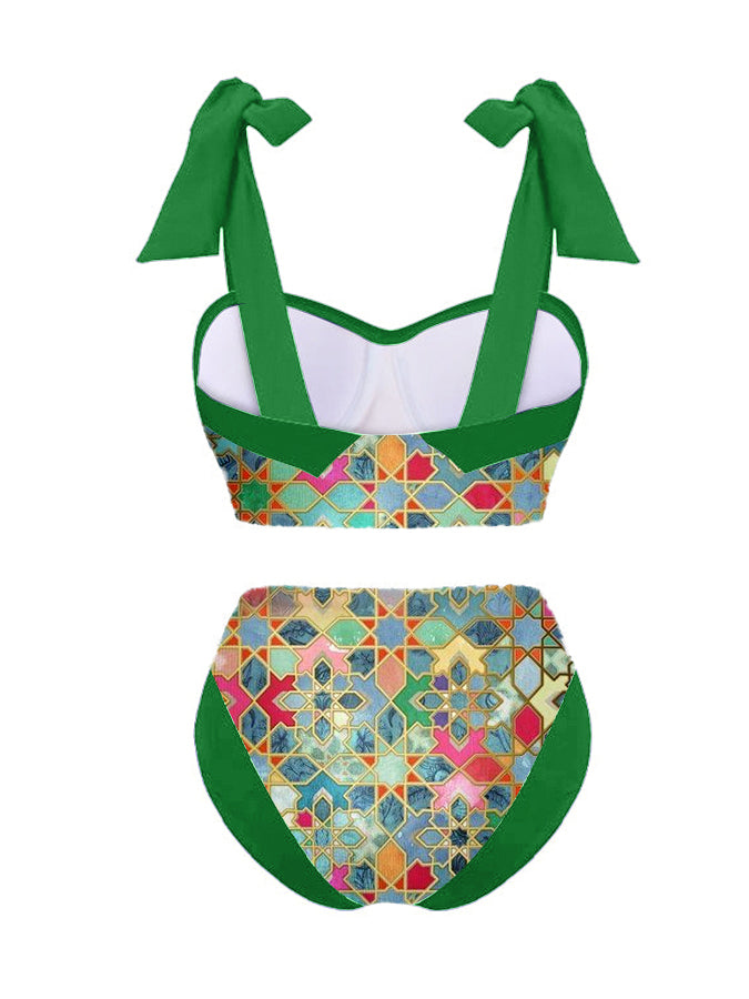 Vintage Colorblock Ethnic Print Swimsuit Set