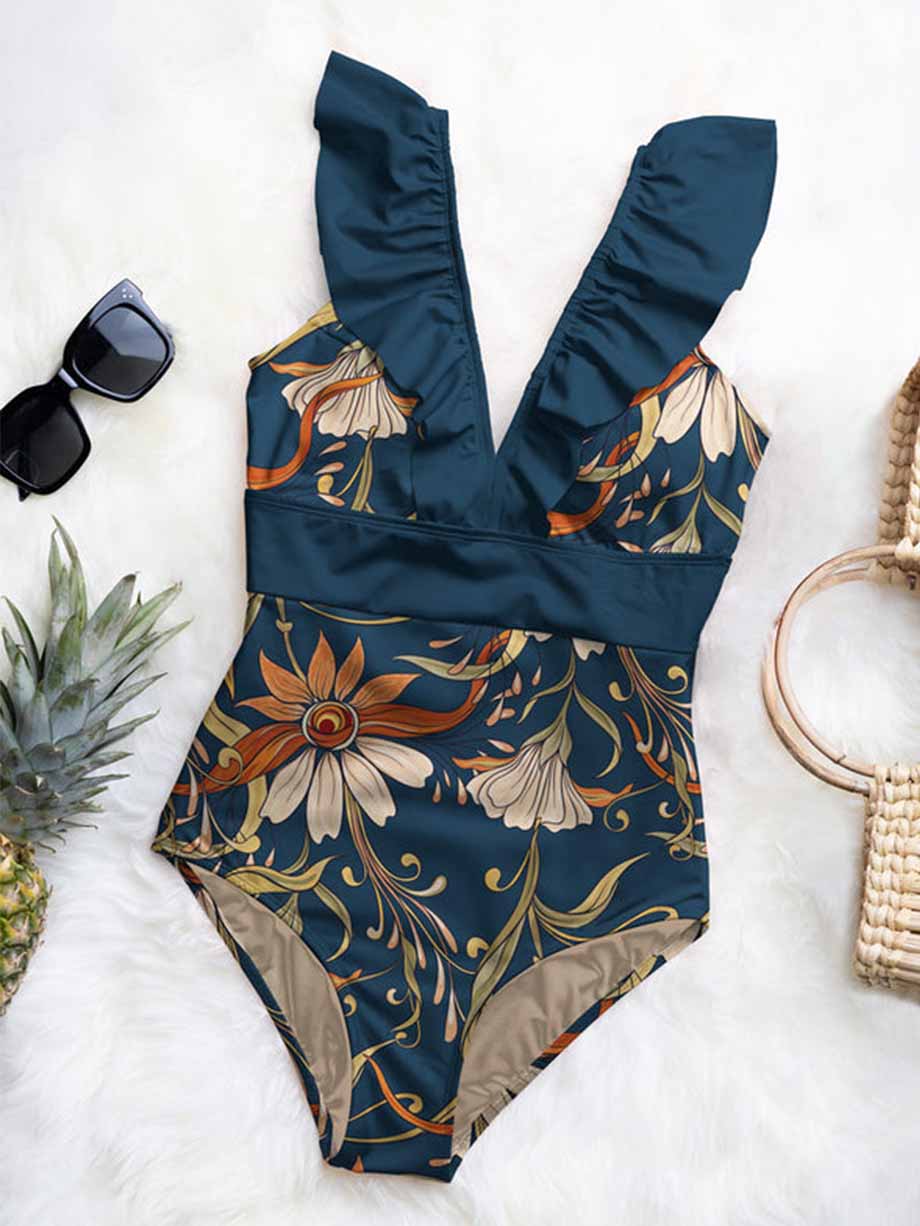 Deep VNeck Printed One Piece Swimsuit