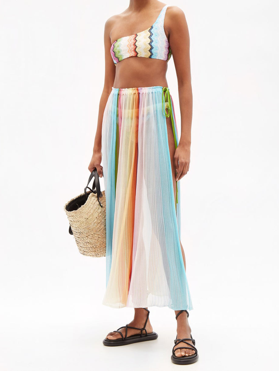 Fashion Colorblock Rainbow Striped Beach Swimsuit Set