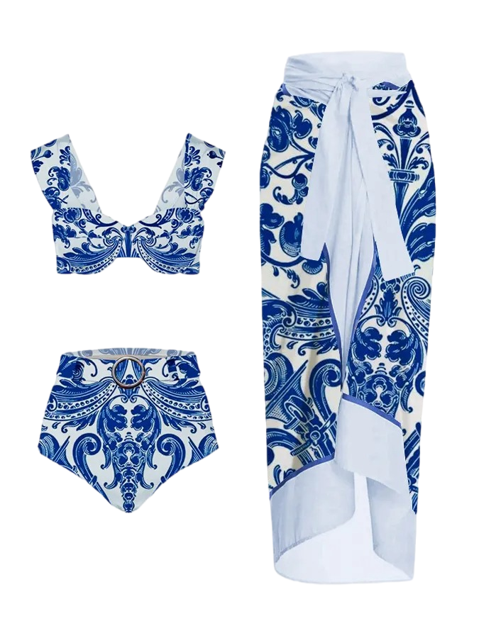 Blue and White Porcelain Printing Casual Bikini And Cover up