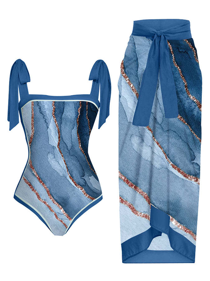 Vintage Fashion Colorblock Print One Piece Swimsuit Set