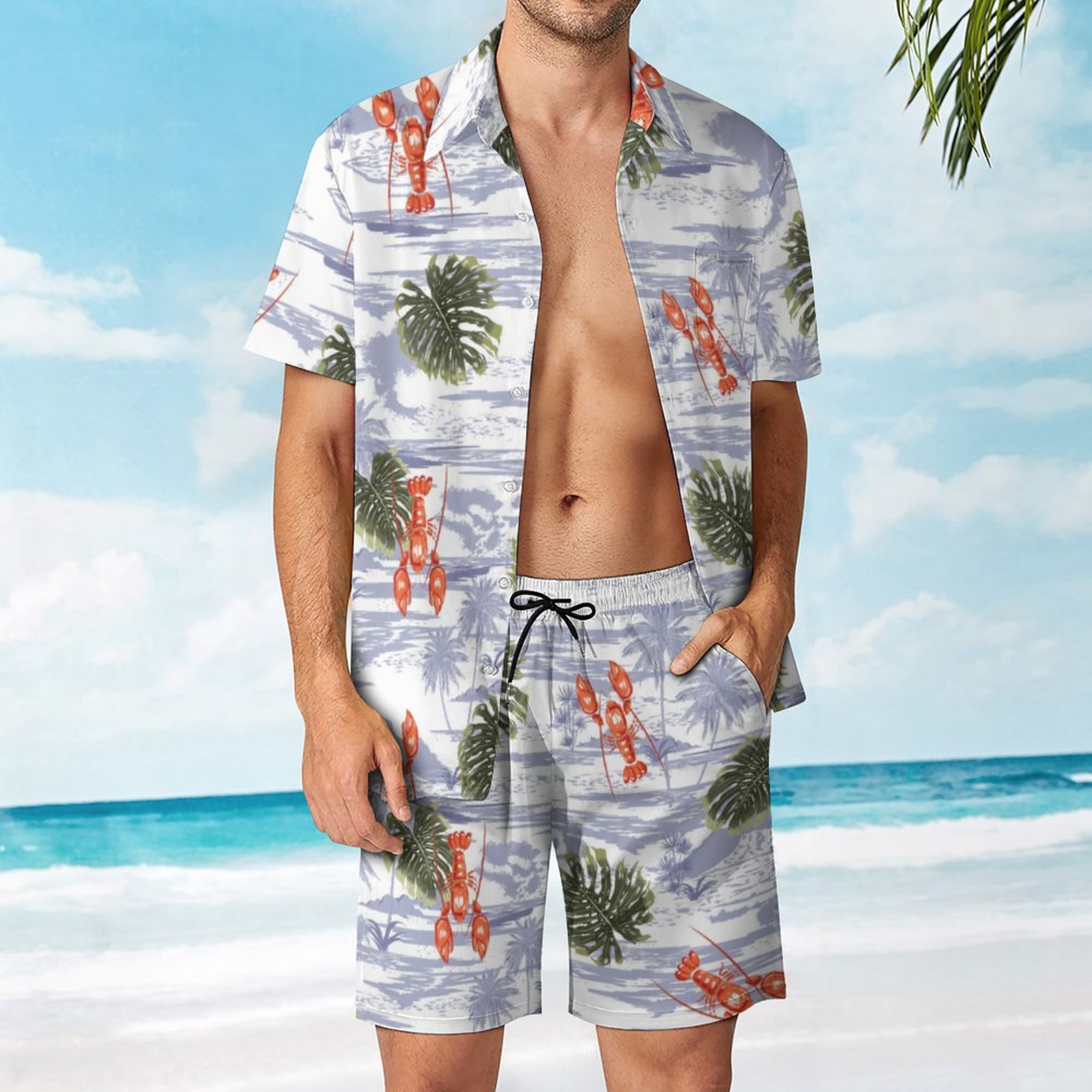 Men's Hawaiian Print Beach Two-Piece Suit 2304102659