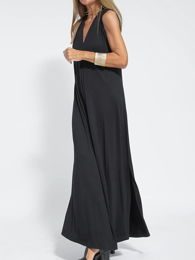 Solid V-neck Casual Sleeveless Maxi Dres
