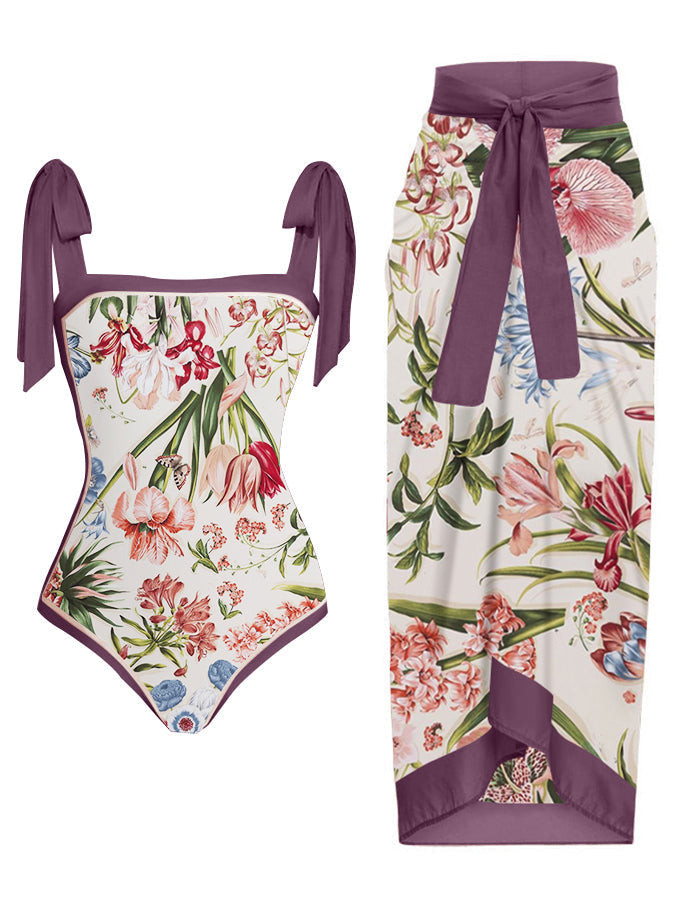 Vintage Floral Print Colorblock Swimsuit Set