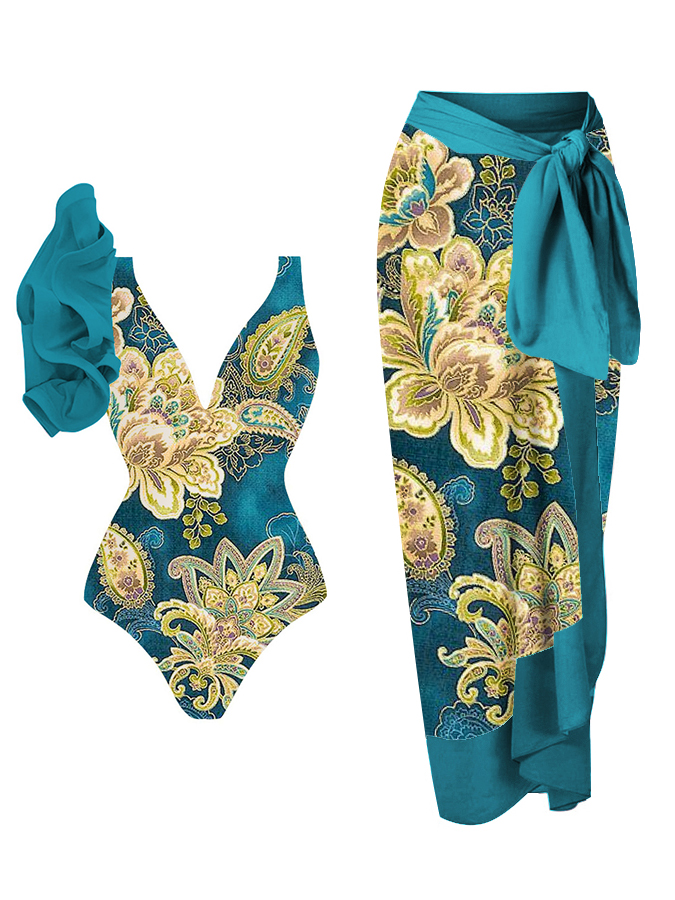 Vintage Floral Print Ruffle One-Piece Swimsuit And Cover Up