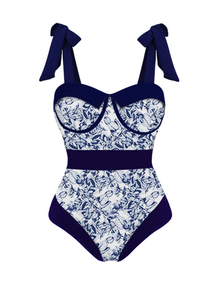 Vintage Colorblock Print Swimsuit Set