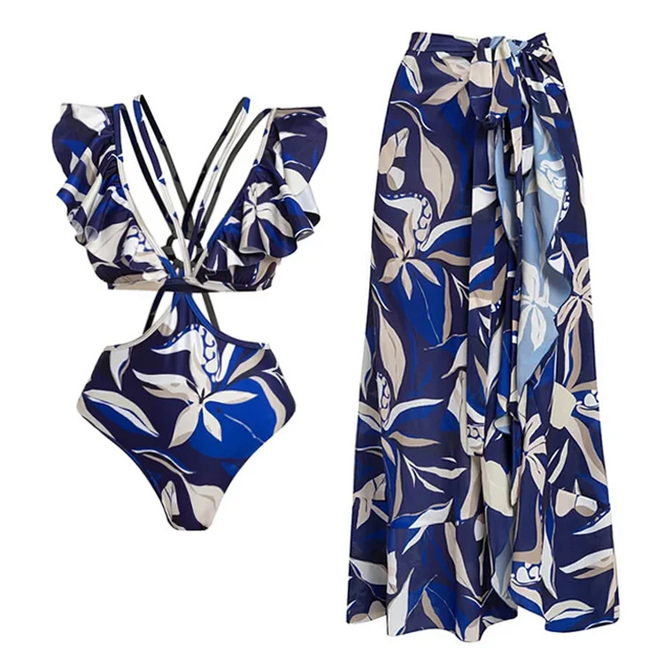 Ruffled Cut Out Tie Print Swimsuit Set