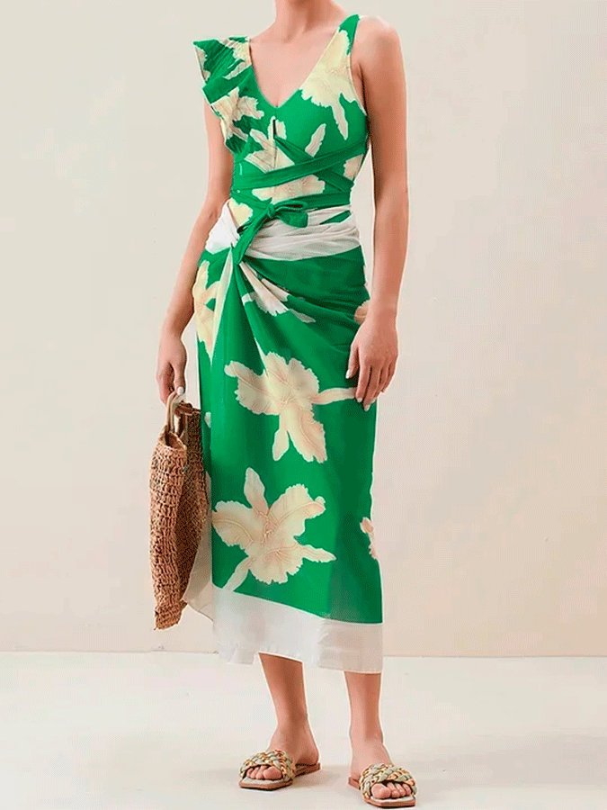 Nature Floral Print Ruffle Swimsuit