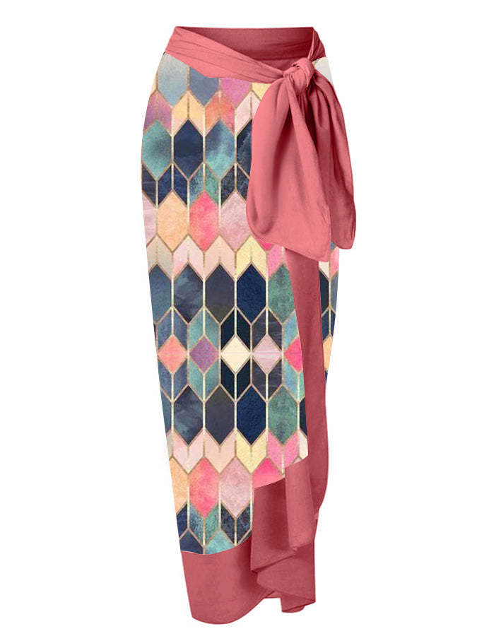 Fashion V-Neck Colorblock Print One-Piece Swimsuit Set