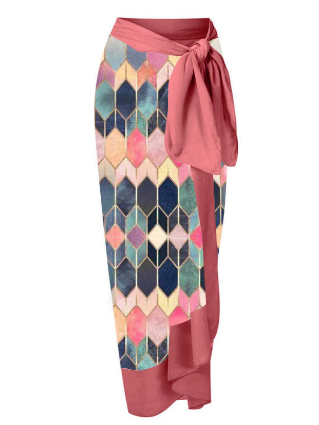 Fashion V-Neck Colorblock Print One-Piece Swimsuit Set