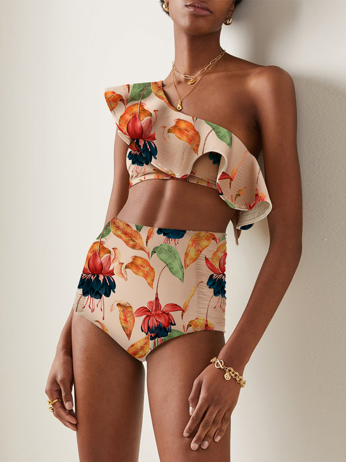 One-Shoulder Ruffled Floral-Print Bikini Set
