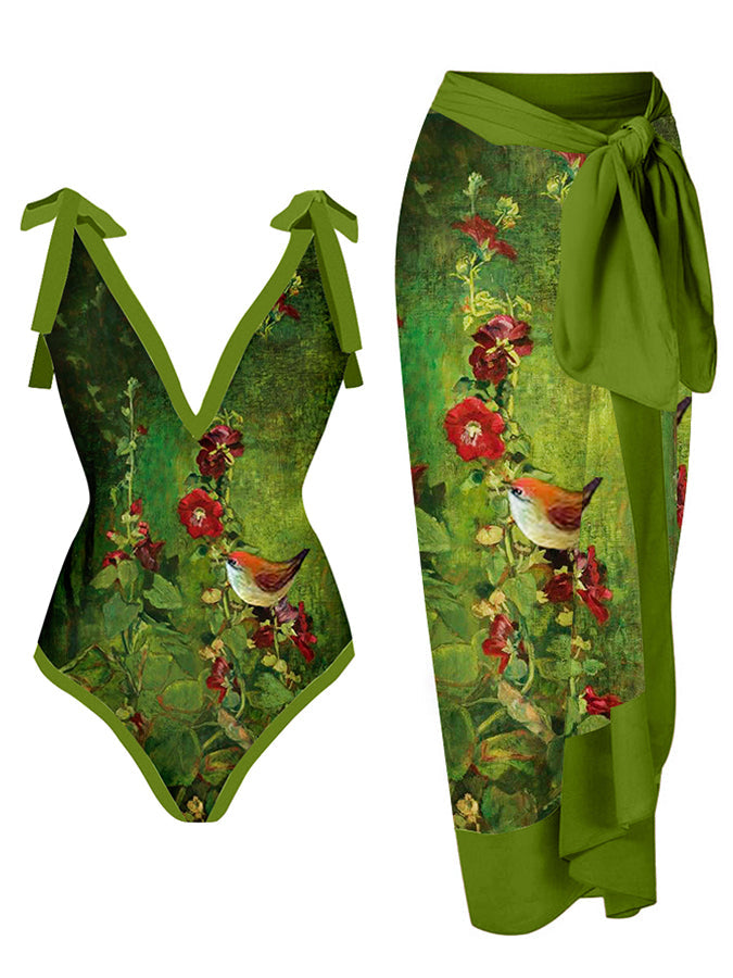 Fashion V-Neck Floral Oil Painting Print One Piece Swimsuit Set
