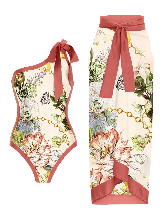 One Shoulder Floral Print One Piece Swimsuit and Skirt