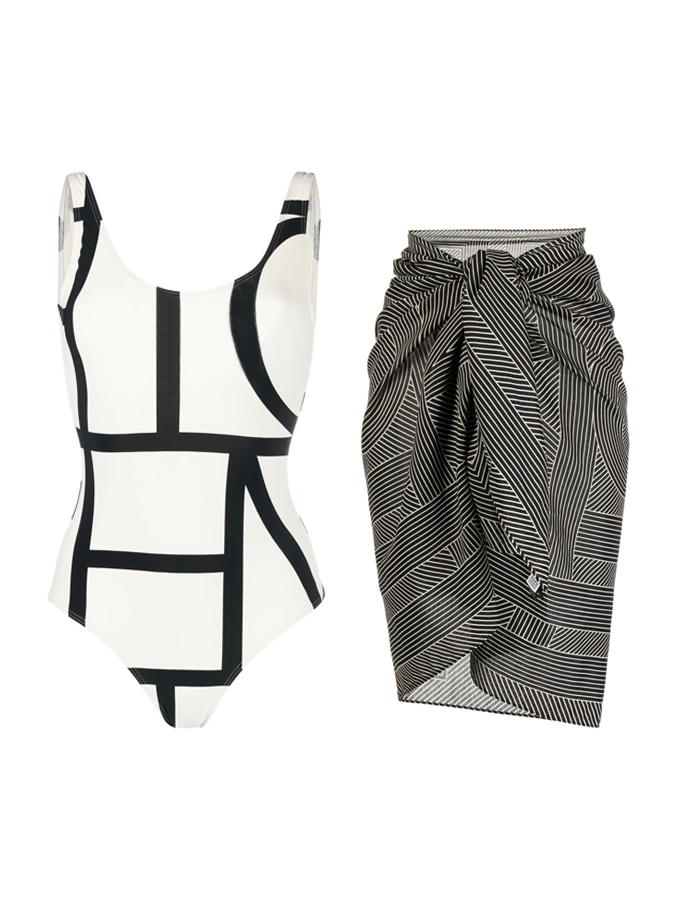 Black and White Color Block One Piece Swimsuit And Cover Up