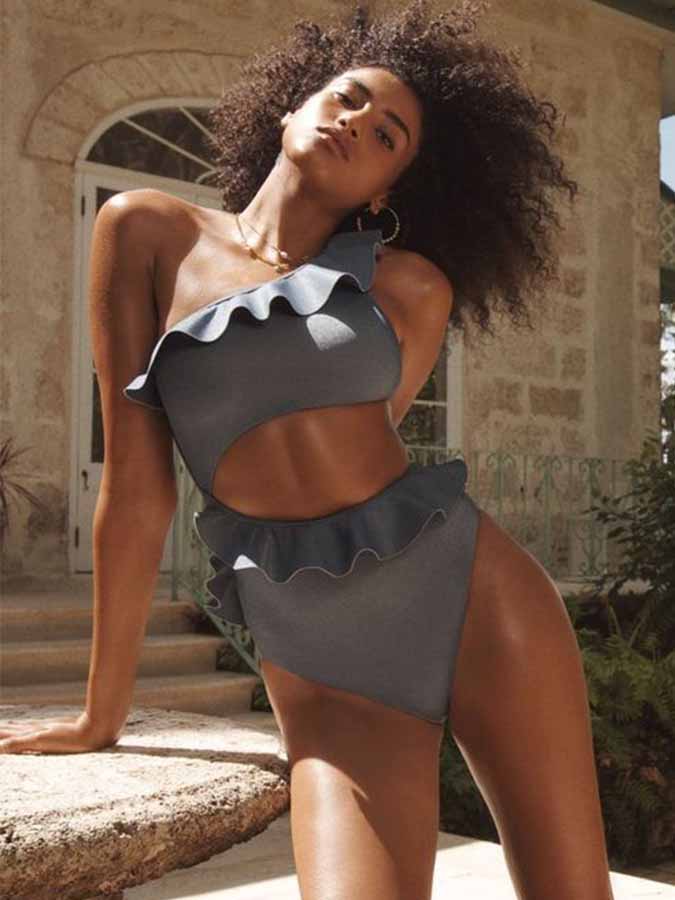 One-Shoulder Ruffle Solid One-Piece Swimsuit