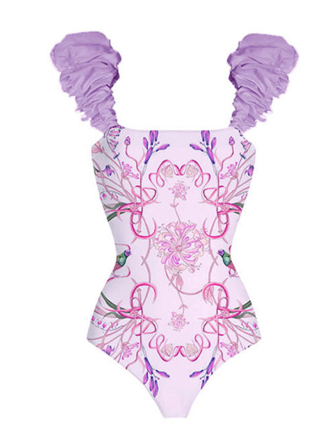 Fashion Floral Colorblock Print One-Piece Swimsuit Set