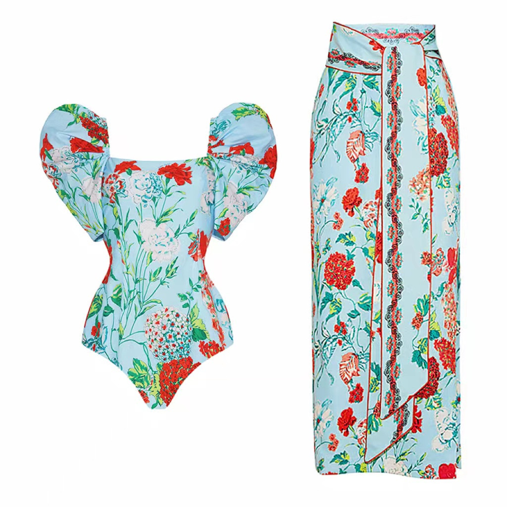 Puff Sleeve Vintage Floral Print Swimsuit Set