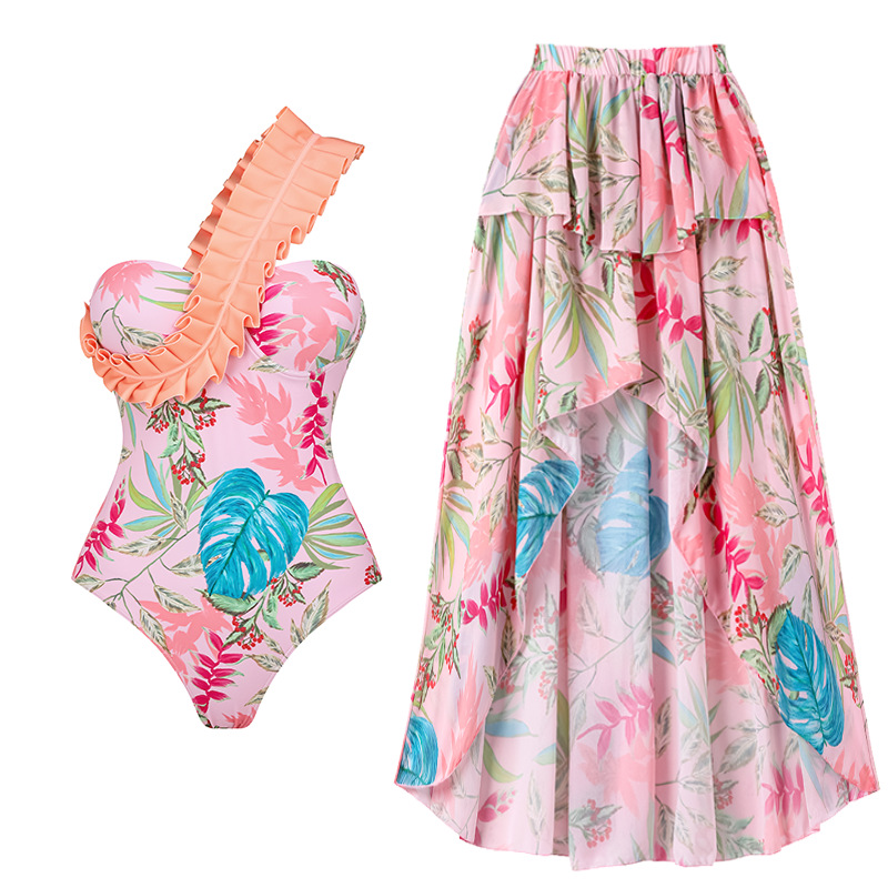 Ruffled One-Shoulder Floral One-Piece Swimsuit and Sarong