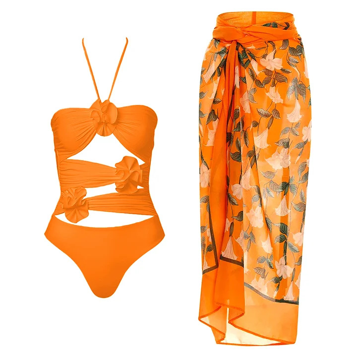 3D Flower Embellished Cutout Halter Neck One-Piece Swimsuit and Sarong