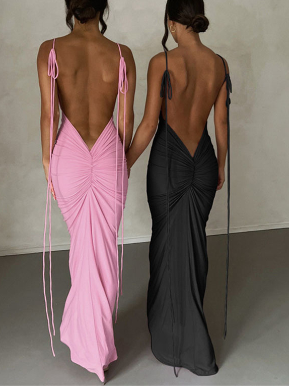 V Neck Lace-up Solid Backless Maxi Dress
