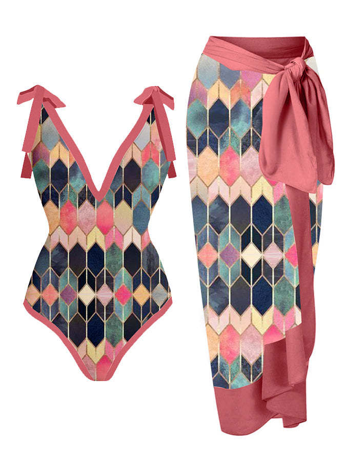 Fashion V-Neck Colorblock Print One-Piece Swimsuit Set