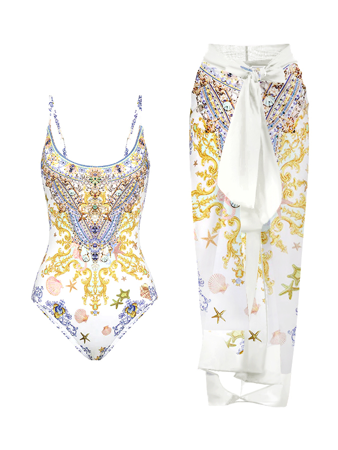 Court Print One Piece Swimsuit And Cover up