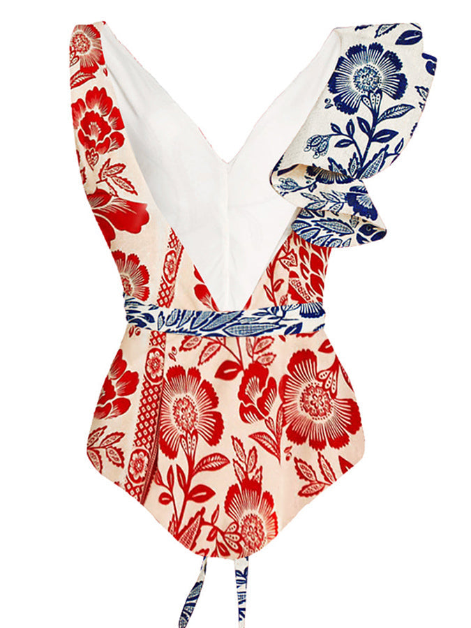 Ruffled Colorblock Print Swimsuit