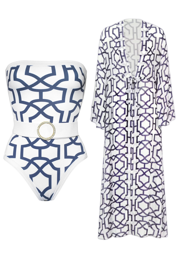 Print One Piece Swimsuit And Kimono