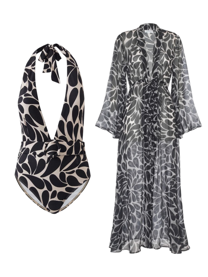 Print One-Piece Swimsuit And Beach Kimono