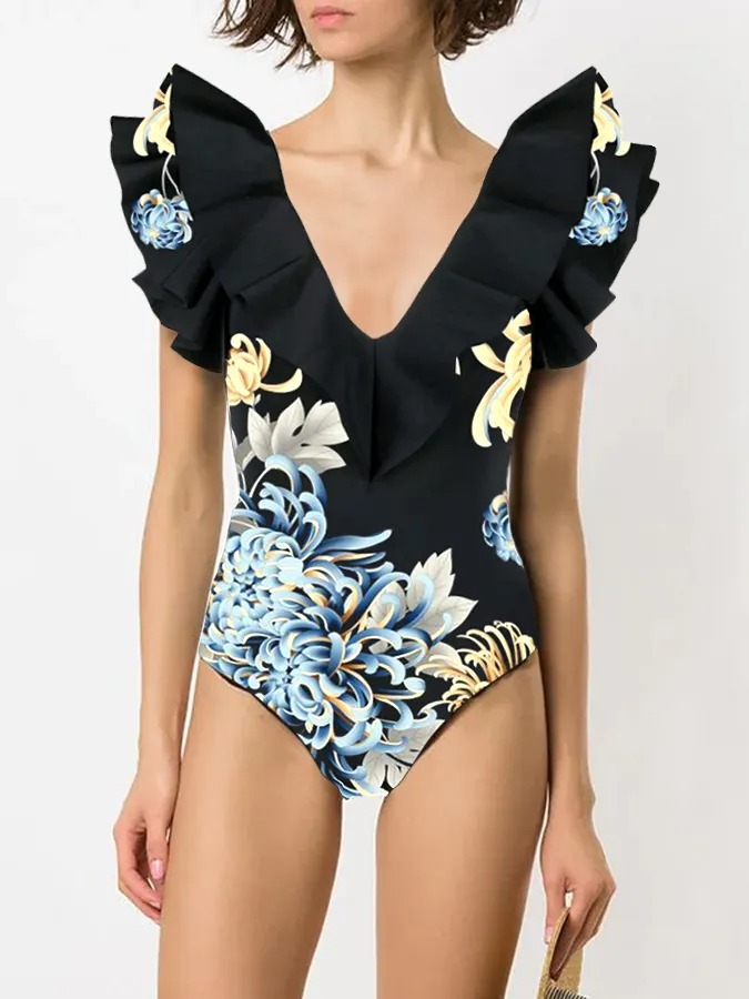 Chrysanthemum Print Ruffle One Piece Swimsuit And Cover Up