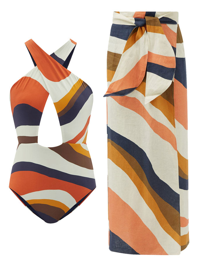 Fashion Colorblock Print One-Piece Swimsuit Set