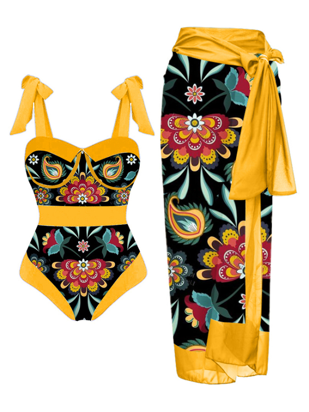 Trendy Print Panel Lace Swimsuit