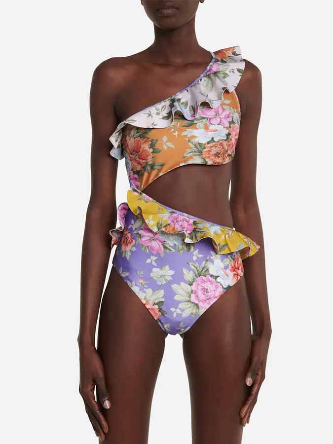 Fashion Colorblock Floral Print Ruffle One-Piece Swimsuit