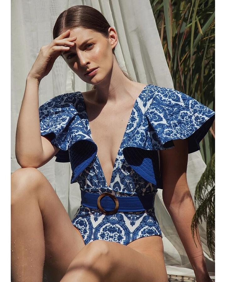 Deep V Ruffle Belt Printed One Piece Swimsuit
