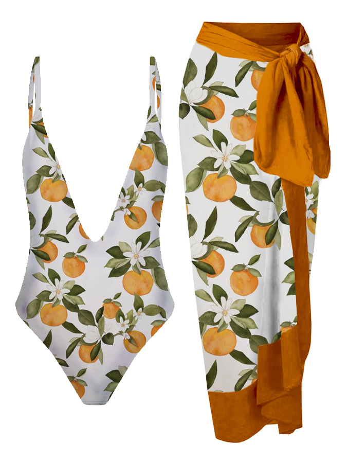 Vintage Colorblock Floral Print One-Piece Swimsuit And Cover Up