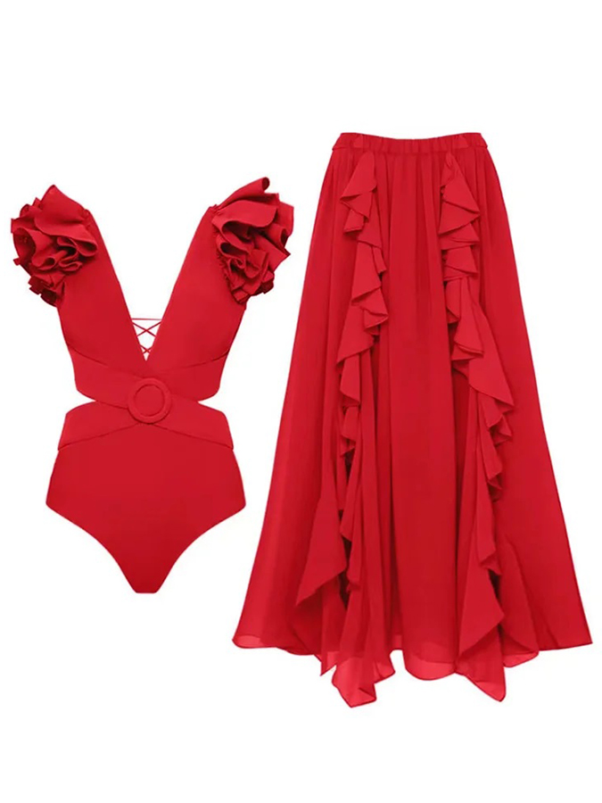 Deep V Red Cutout One Piece Swimsuit and Skirt