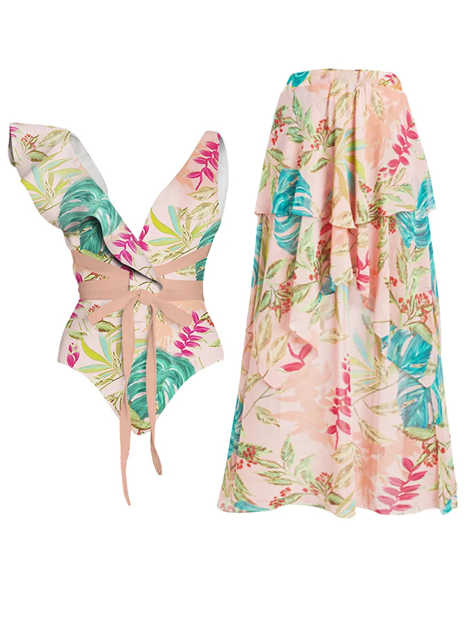 Botanical Print One Piece Swimsuits and Skirt