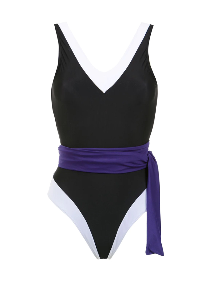 Plain Color Block One-Piece Swimsuit And Cover Up