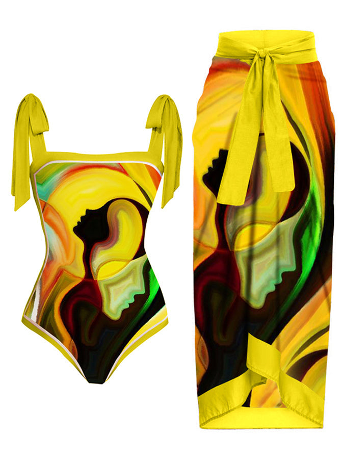 Fashion Vintage Abstract Print One Piece Swimsuit Set
