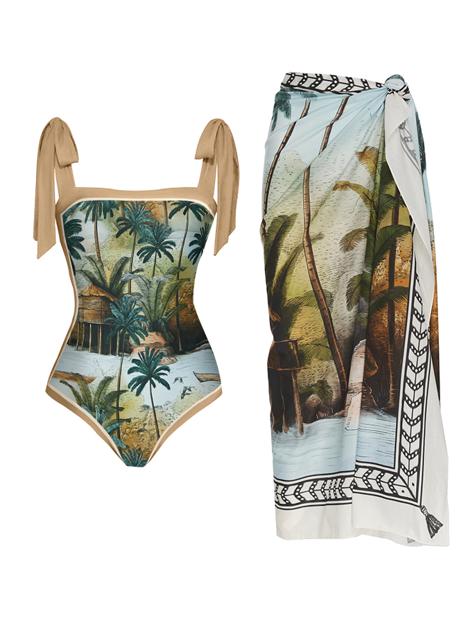 Fashion Print Lace Up One Piece Swimsuit