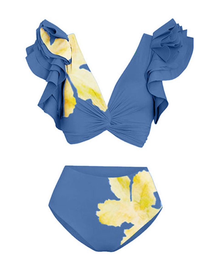 Deep V Ruffled Floral Print Swimsuit Set