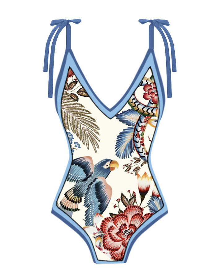 Vintage Colorblock Floral Print One-Piece Swimsuit Set