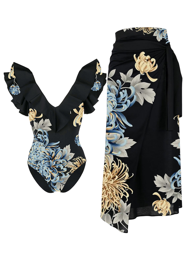Chrysanthemum Print Ruffle One Piece Swimsuit And Cover Up