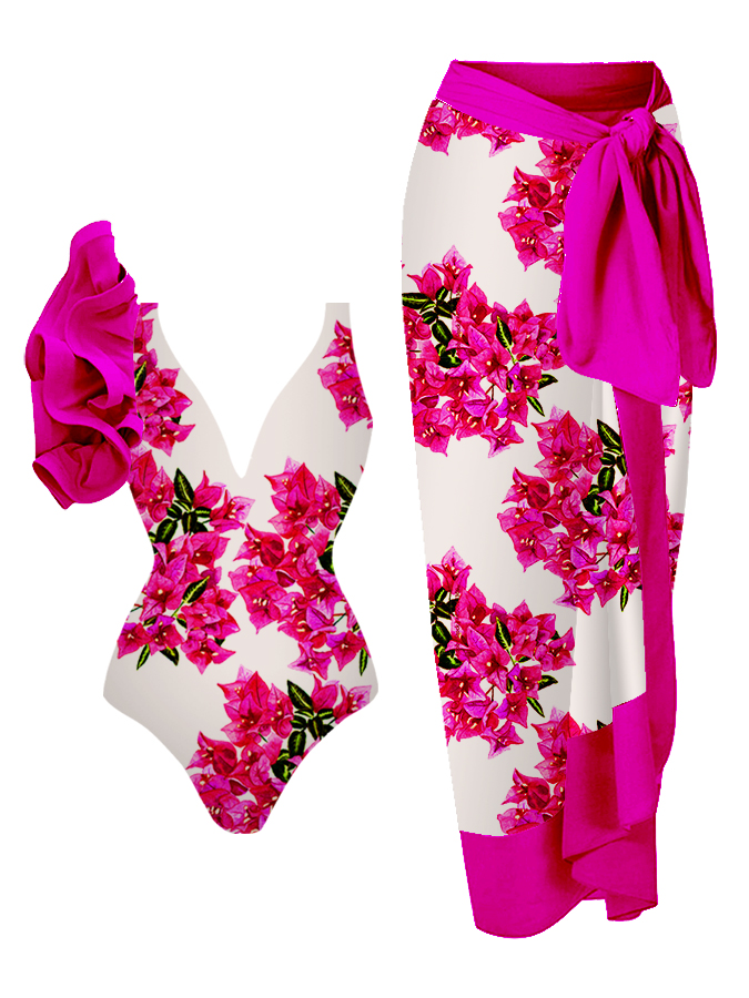 Bougainvillea print one-piece swimsuit and cover-up