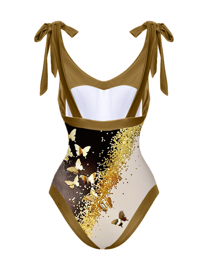 V-Neck Colorblock Butterfly Print One-Piece Swimsuit Set